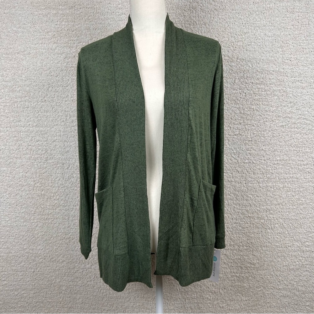 Bobeau Cardigan Womens PS Olive Green Knit‎ Long Sleeve 2 Hand Warming Pockets